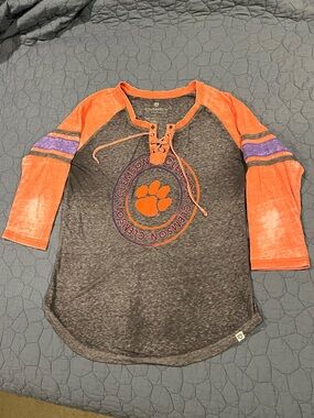 Colosseum women's Clemson Gray Tee with Orange Raglan Sleeves and Purple Stripes
